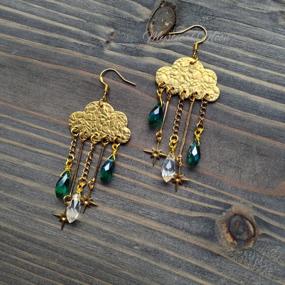 Summer Showers Green & Clear Crystal Cloud Whimsical Chandelier Earrings Stars - Picture 3 of 4